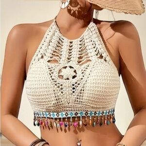 Crochet Beaded Halter Top | SIZE M